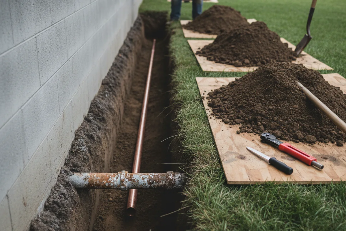 Excavated water line trench during Water Softener Installation in Holyoke
